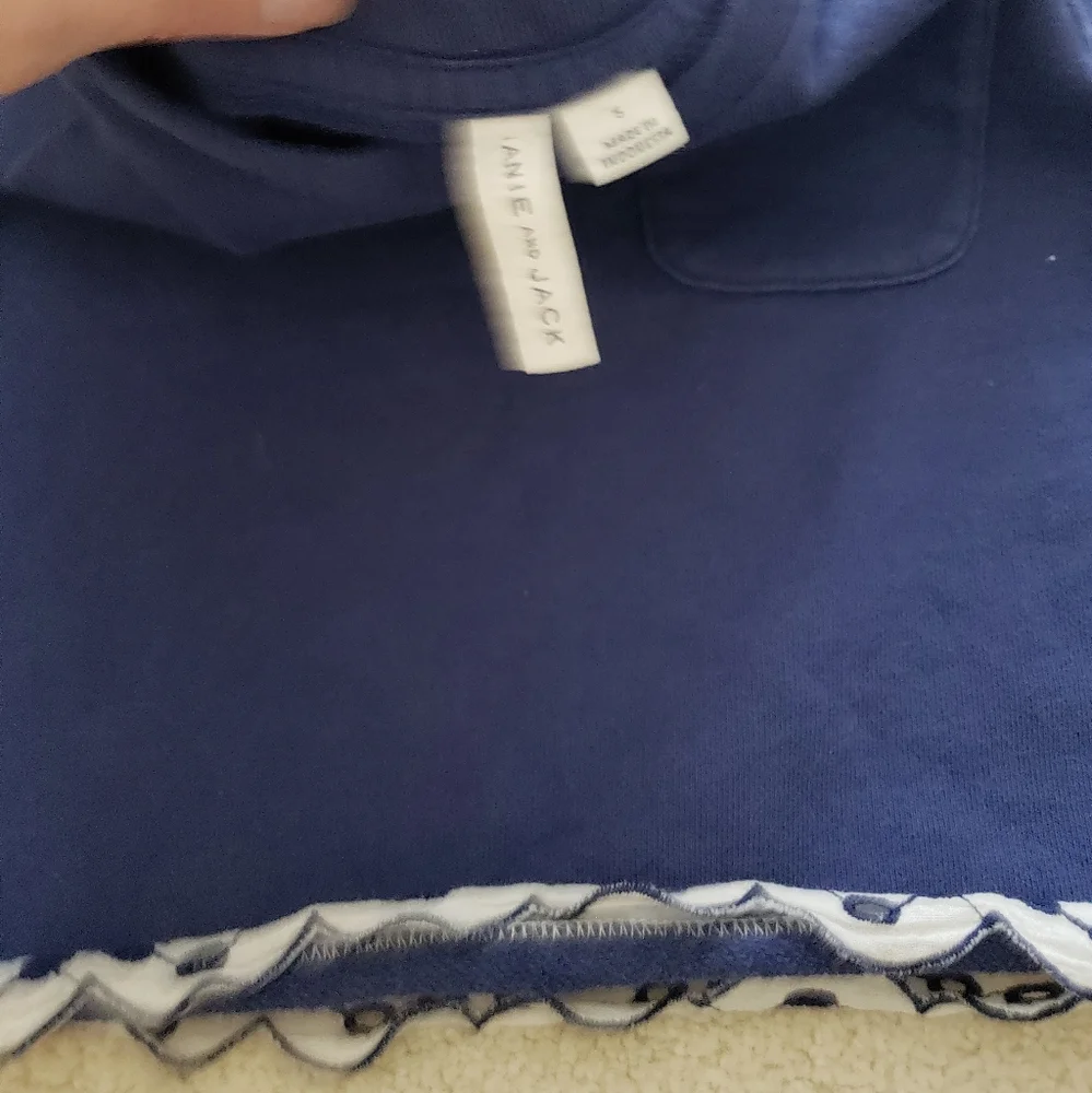 Janie and Jack Girls' Navy French Terry Short Sleeve Shirt With Eyelet Trim sz5